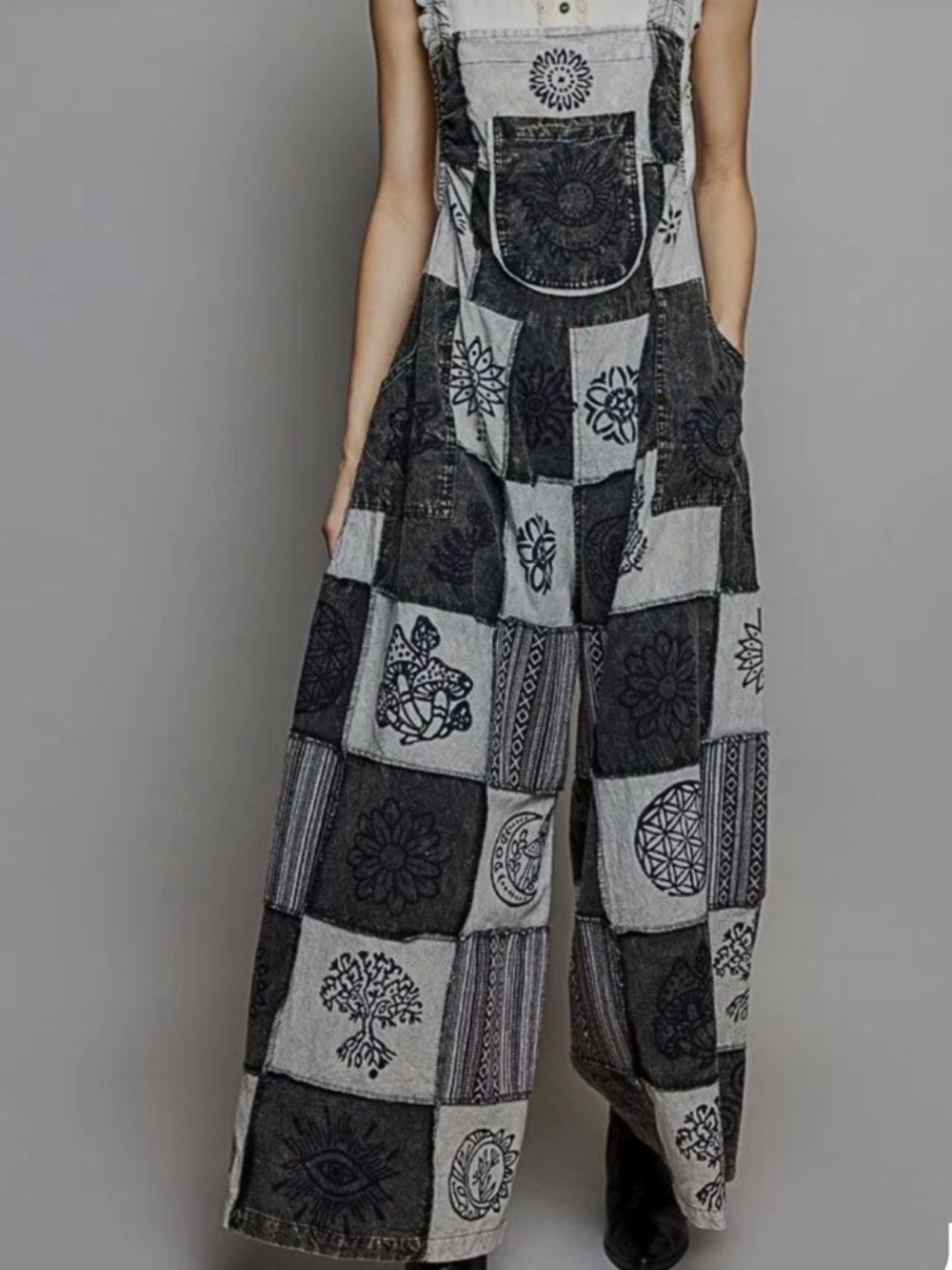 New: POL “Stormy Meadow” Mixed Patchwork Wide Leg Jumper Overalls• Small - Picture 4 of 6